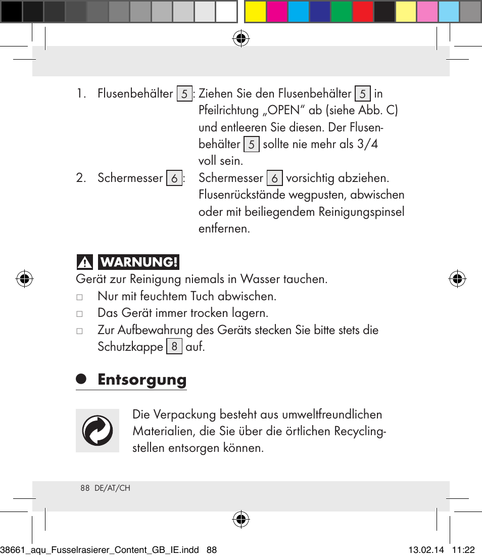 Entsorgung | Aquapur H5773 Lint Remover User Manual | Page 89 / 92