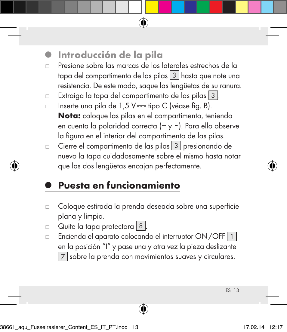 Introducción de la pila, Puesta en funcionamiento | Aquapur H5773 Lint Remover User Manual | Page 13 / 69