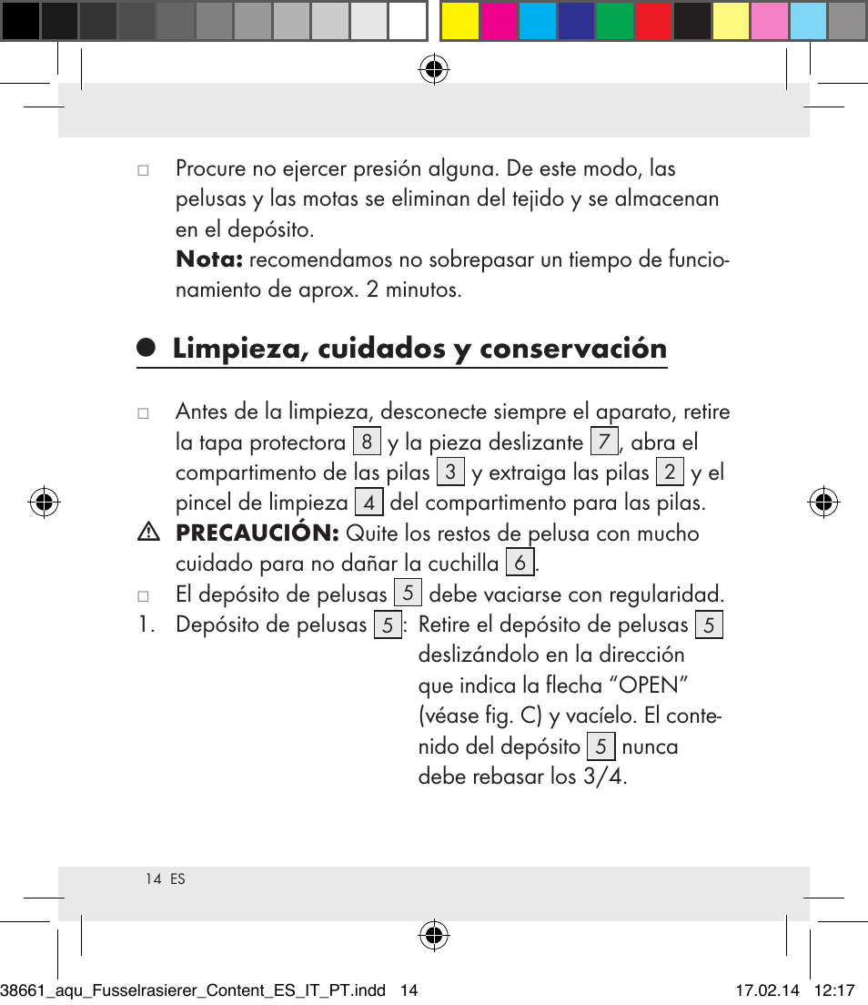 Limpieza, cuidados y conservación | Aquapur H5773 Lint Remover User Manual | Page 14 / 69