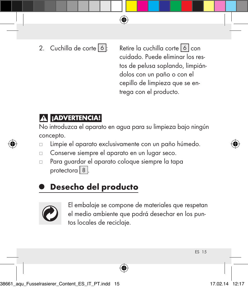 Desecho del producto | Aquapur H5773 Lint Remover User Manual | Page 15 / 69