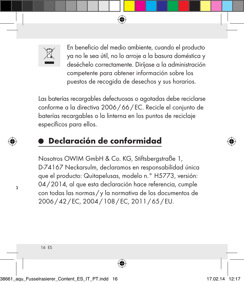 Declaración de conformidad, Garantía | Aquapur H5773 Lint Remover User Manual | Page 16 / 69