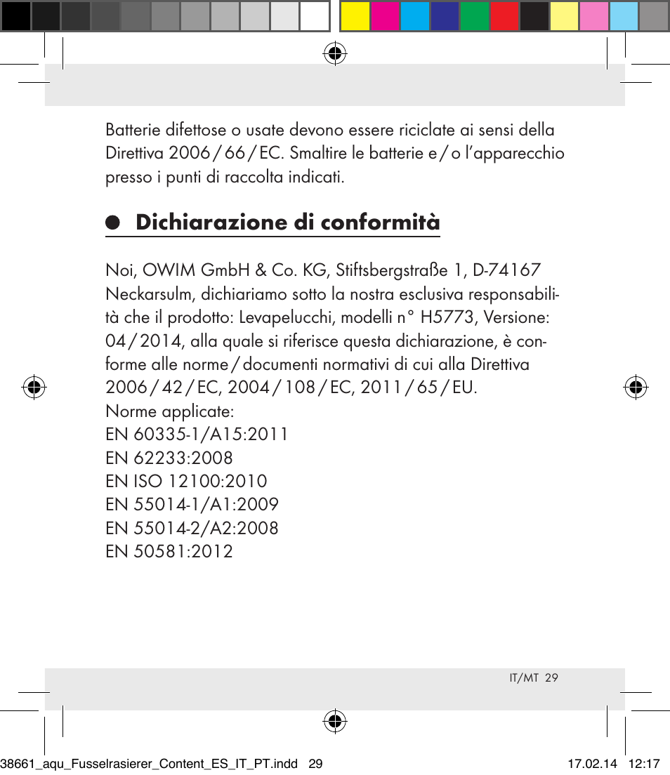 Dichiarazione di conformità | Aquapur H5773 Lint Remover User Manual | Page 29 / 69
