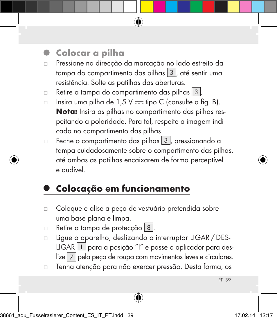 Colocar a pilha, Colocação em funcionamento | Aquapur H5773 Lint Remover User Manual | Page 39 / 69