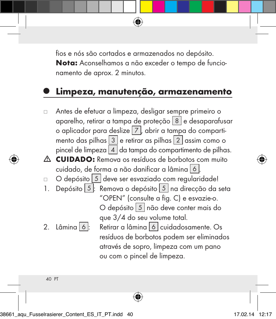 Limpeza, manutenção, armazenamento | Aquapur H5773 Lint Remover User Manual | Page 40 / 69