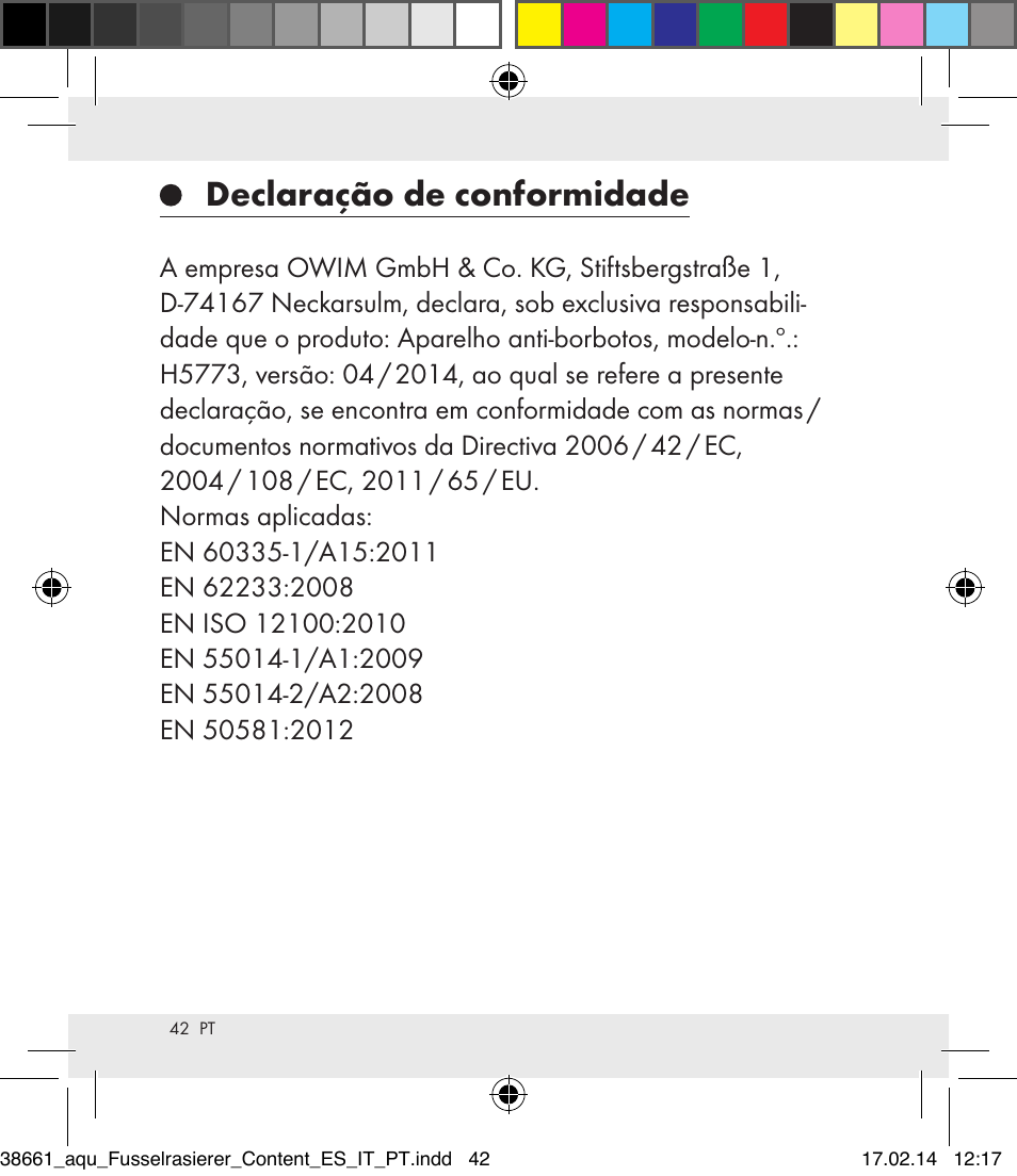 Declaração de conformidade | Aquapur H5773 Lint Remover User Manual | Page 42 / 69