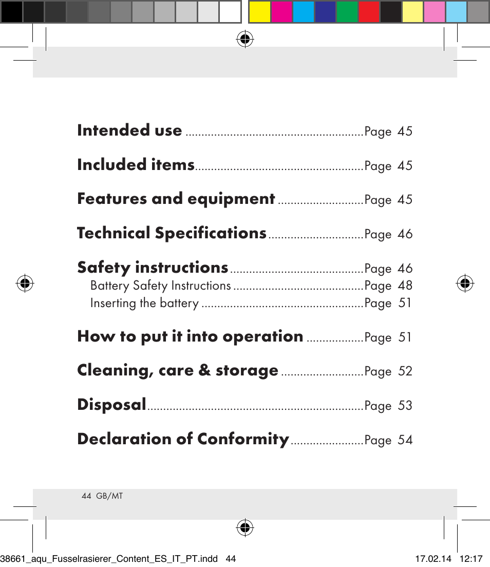 Intended use, Included items, Features and equipment | Technical specifications, Safety instructions, How to put it into operation, Cleaning, care & storage, Disposal, Declaration of conformity | Aquapur H5773 Lint Remover User Manual | Page 44 / 69