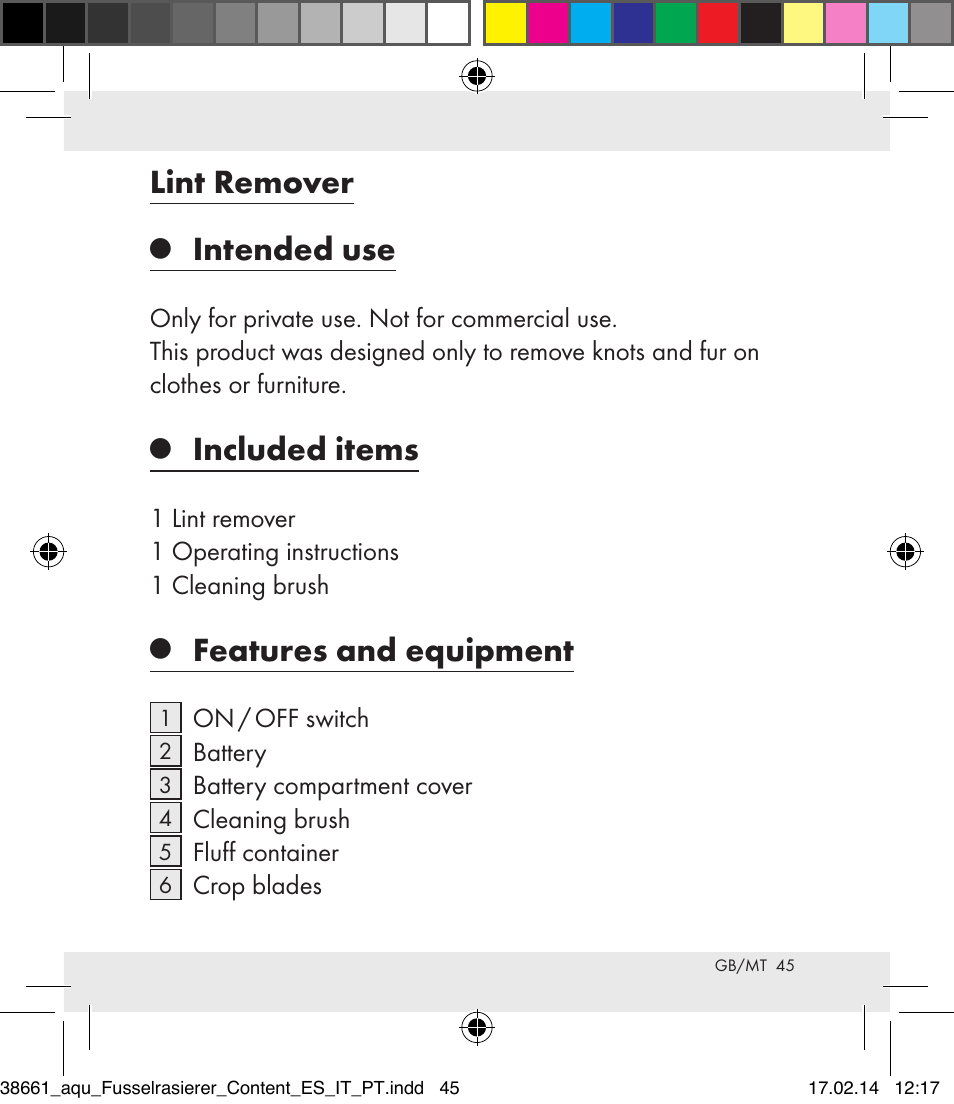 Lint remover, Intended use, Included items | Features and equipment | Aquapur H5773 Lint Remover User Manual | Page 45 / 69