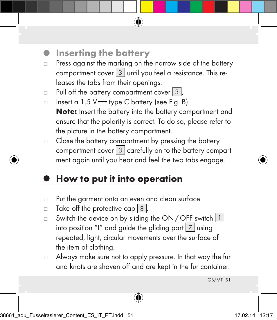 Inserting the battery, How to put it into operation | Aquapur H5773 Lint Remover User Manual | Page 51 / 69