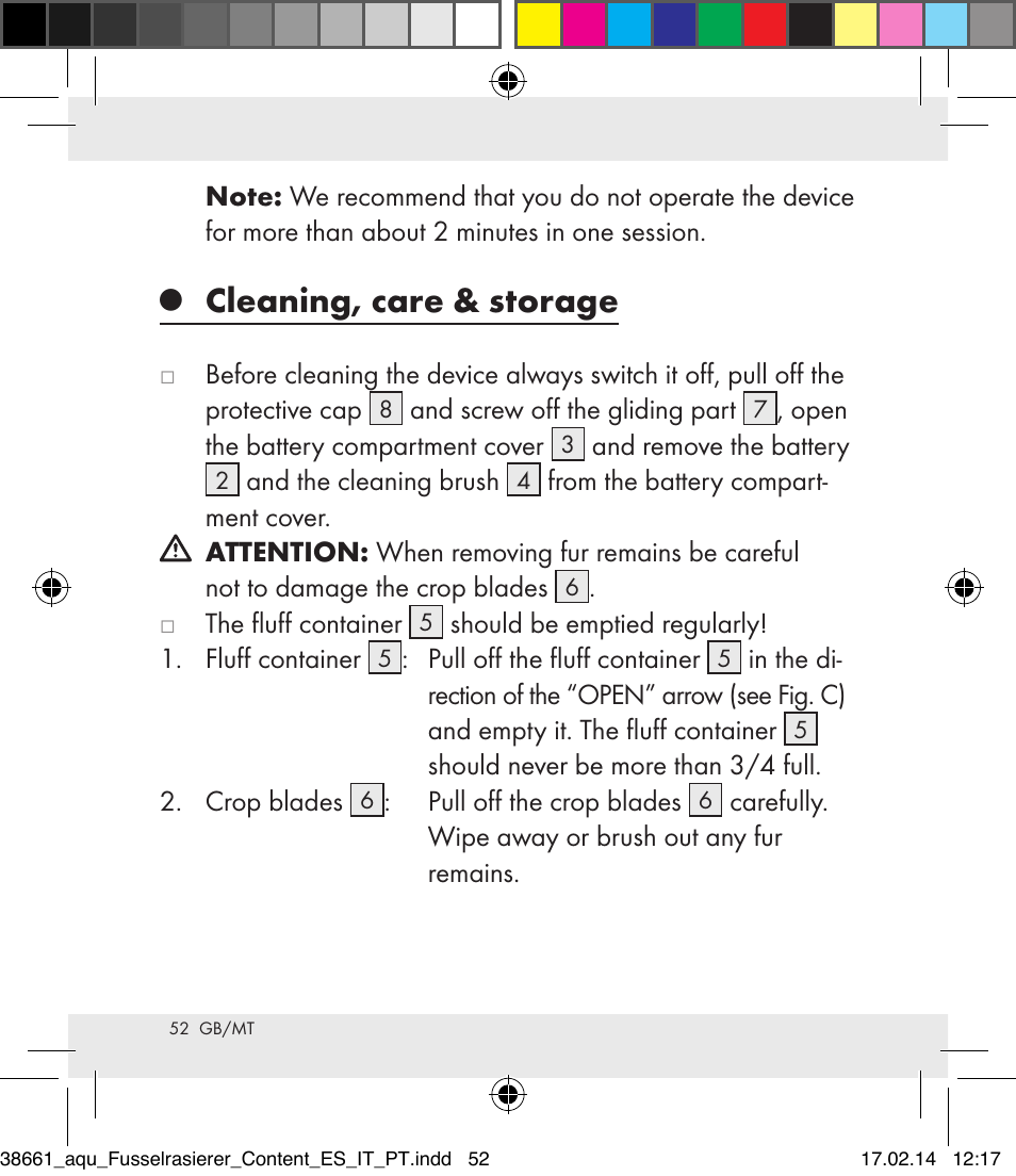 Cleaning, care & storage | Aquapur H5773 Lint Remover User Manual | Page 52 / 69