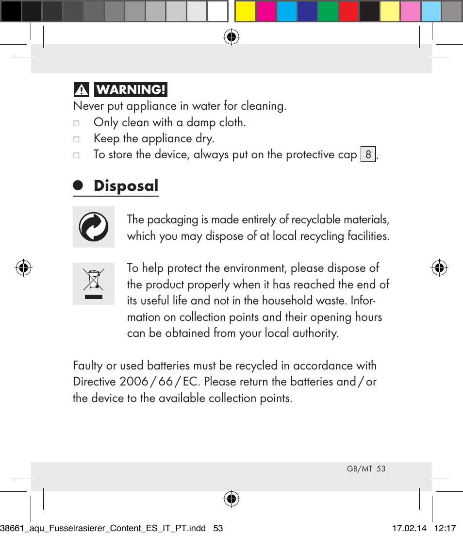 Disposal | Aquapur H5773 Lint Remover User Manual | Page 53 / 69