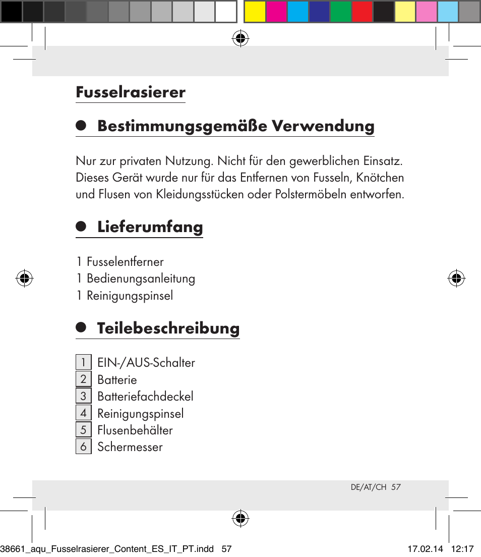 Fusselrasierer, Bestimmungsgemäße verwendung, Lieferumfang | Teilebeschreibung | Aquapur H5773 Lint Remover User Manual | Page 57 / 69