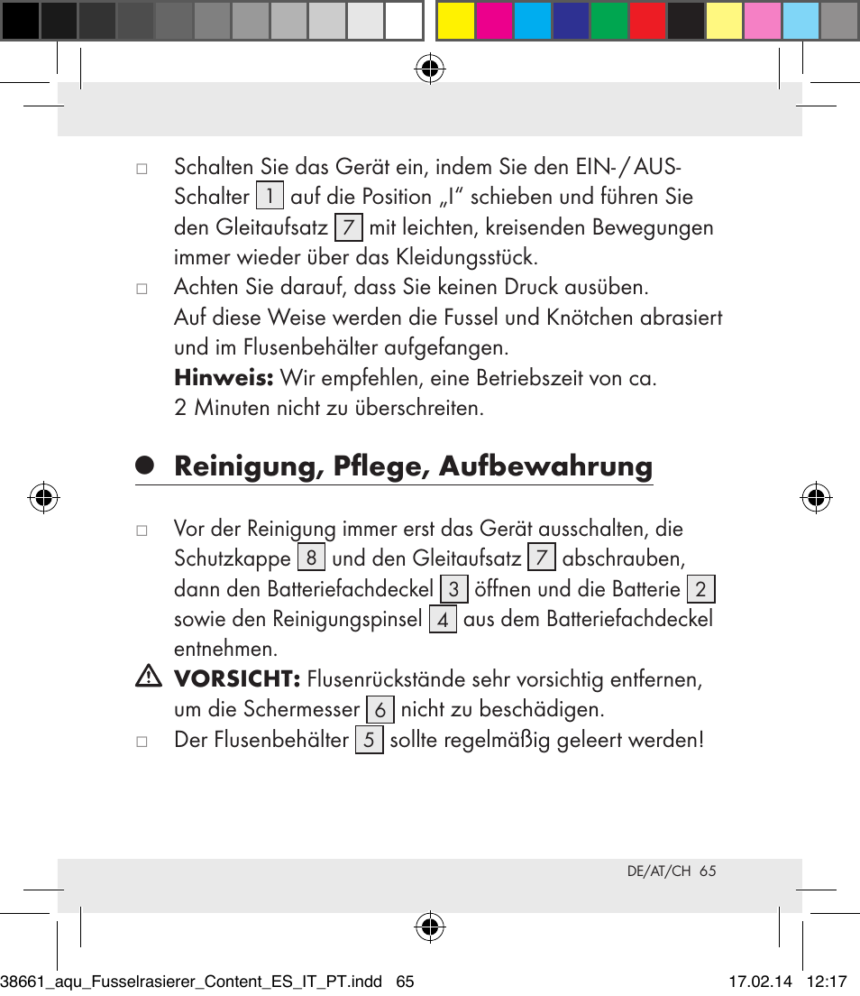 Reinigung, pflege, aufbewahrung | Aquapur H5773 Lint Remover User Manual | Page 65 / 69