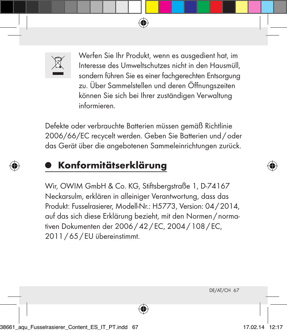 Konformitätserklärung | Aquapur H5773 Lint Remover User Manual | Page 67 / 69