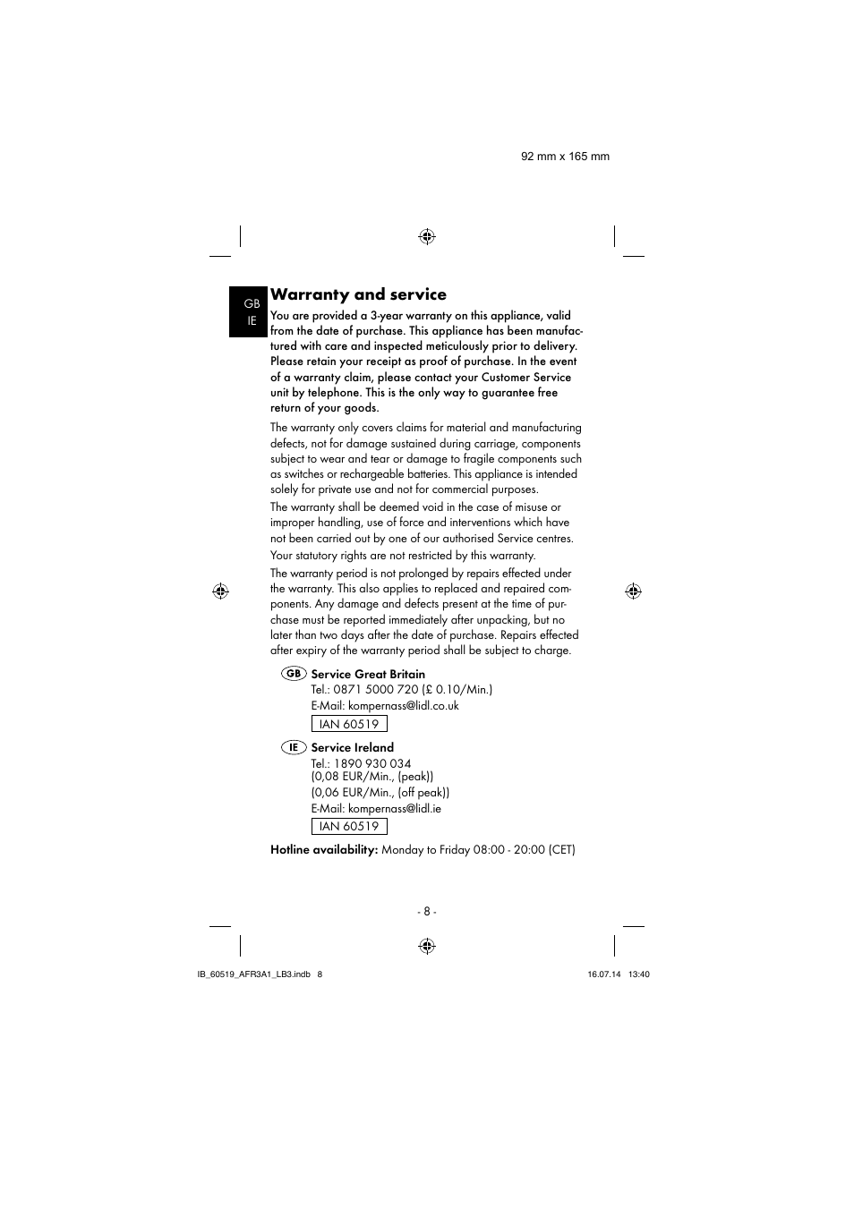 Warranty and service | Aquapur AFR 3 A1 Lint Remover User Manual | Page 11 / 43