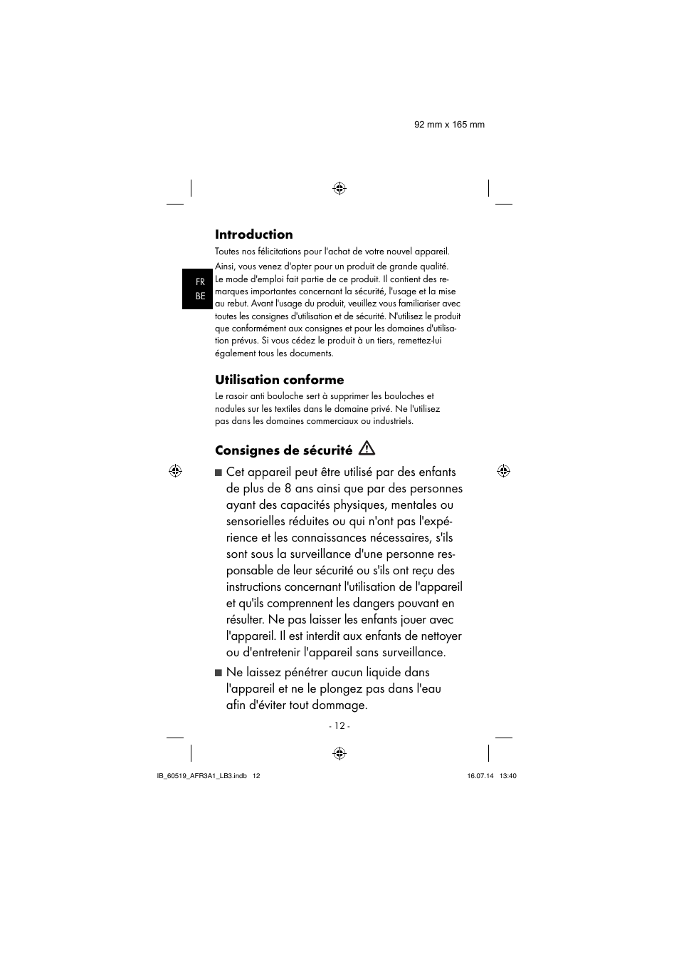 Introduction, Utilisation conforme, Consignes de sécurité | Aquapur AFR 3 A1 Lint Remover User Manual | Page 15 / 43