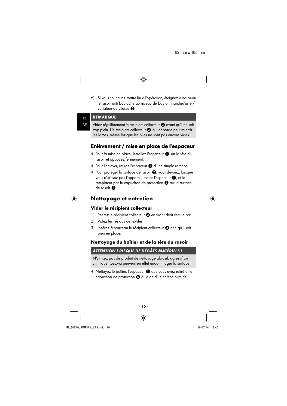 Enlèvement / mise en place de l'espaceur, Nettoyage et entretien | Aquapur AFR 3 A1 Lint Remover User Manual | Page 19 / 43