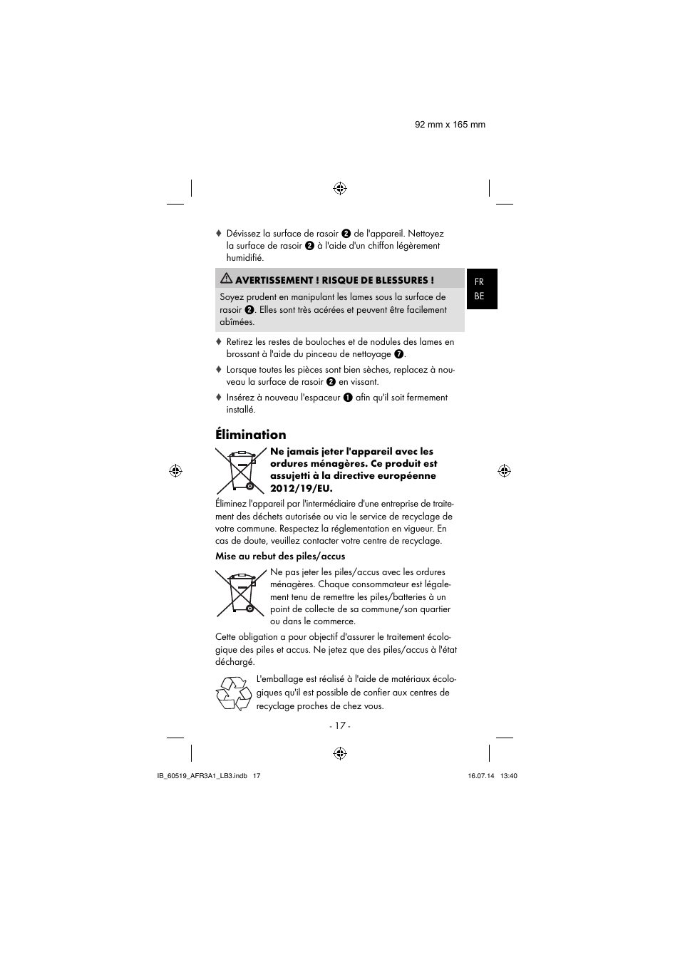 Élimination | Aquapur AFR 3 A1 Lint Remover User Manual | Page 20 / 43