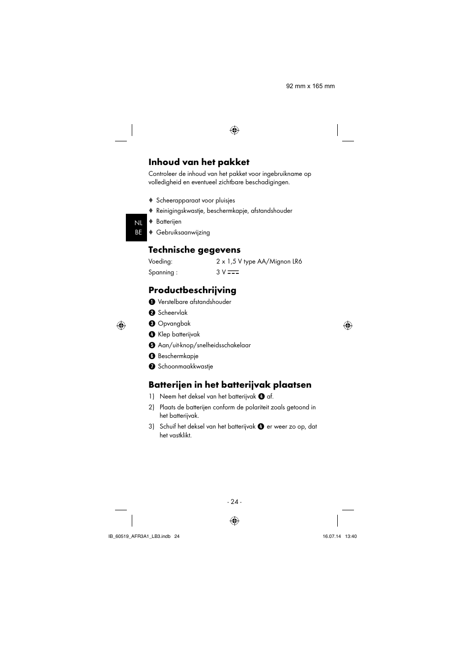 Inhoud van het pakket, Technische gegevens, Productbeschrijving | Batterijen in het batterijvak plaatsen | Aquapur AFR 3 A1 Lint Remover User Manual | Page 27 / 43