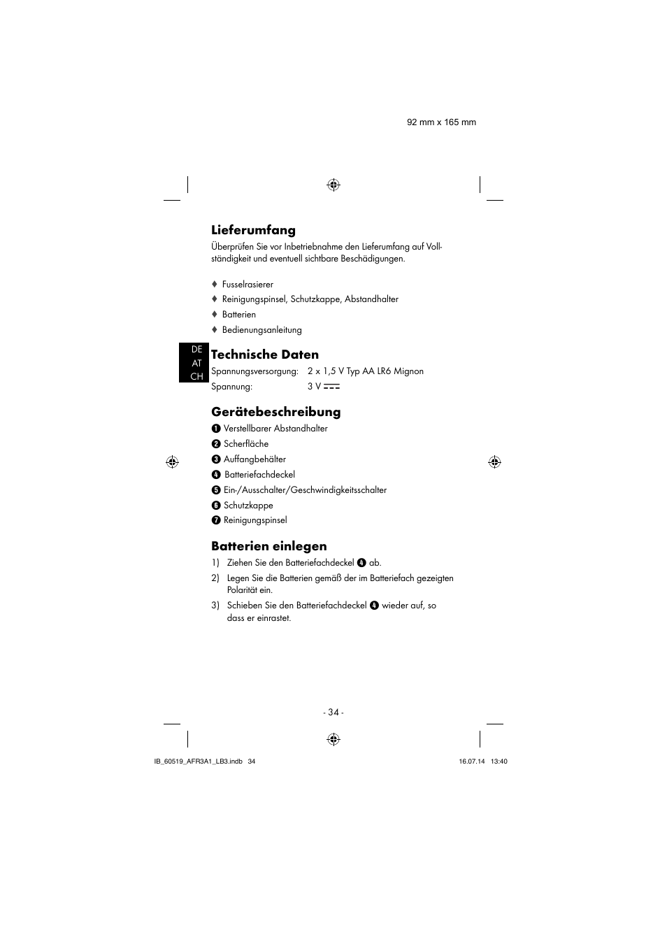 Lieferumfang, Technische daten, Gerätebeschreibung | Batterien einlegen | Aquapur AFR 3 A1 Lint Remover User Manual | Page 37 / 43