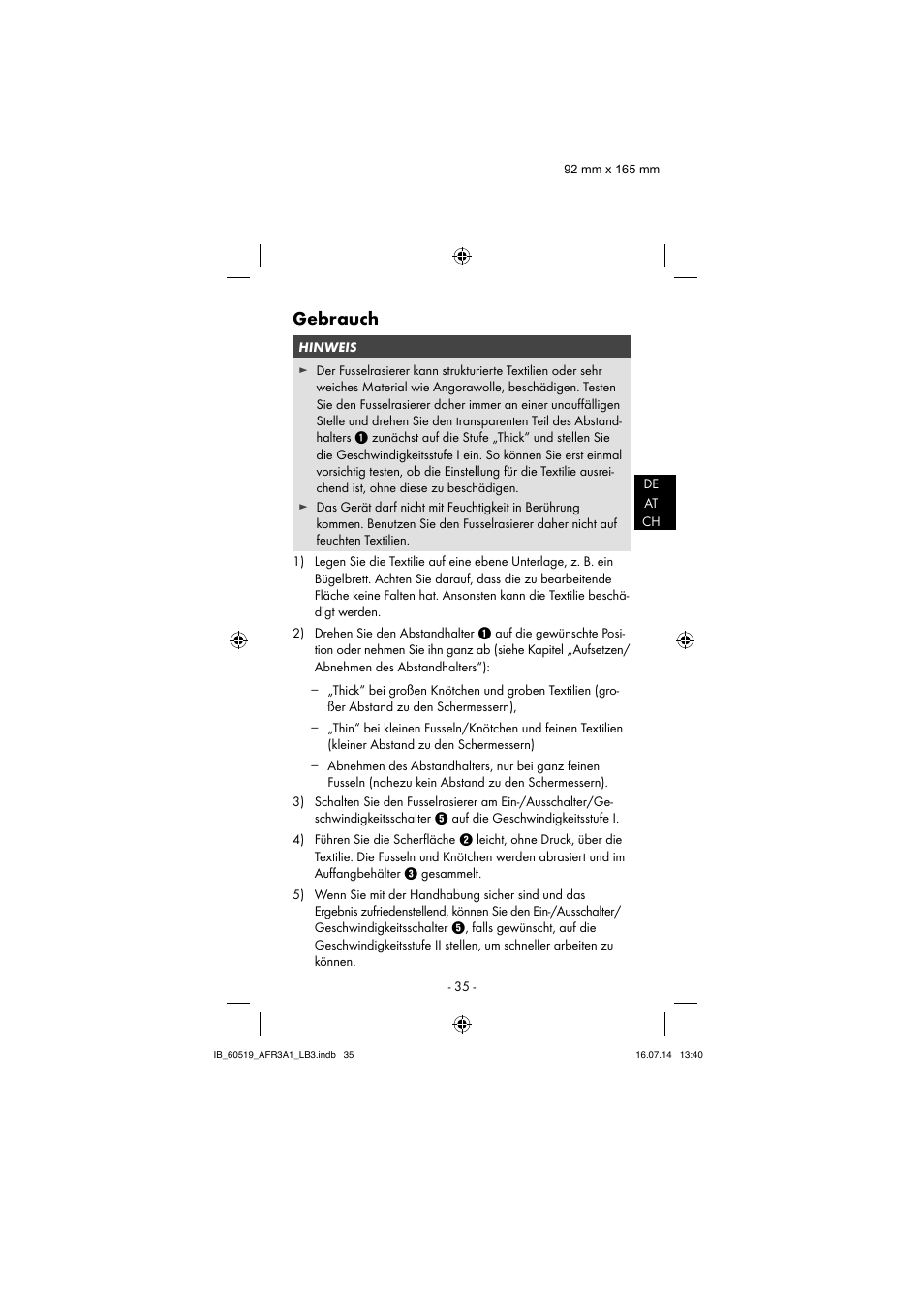 Gebrauch | Aquapur AFR 3 A1 Lint Remover User Manual | Page 38 / 43