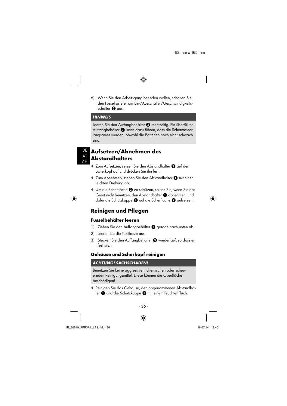 Aufsetzen/abnehmen des abstandhalters, Reinigen und pﬂ egen | Aquapur AFR 3 A1 Lint Remover User Manual | Page 39 / 43