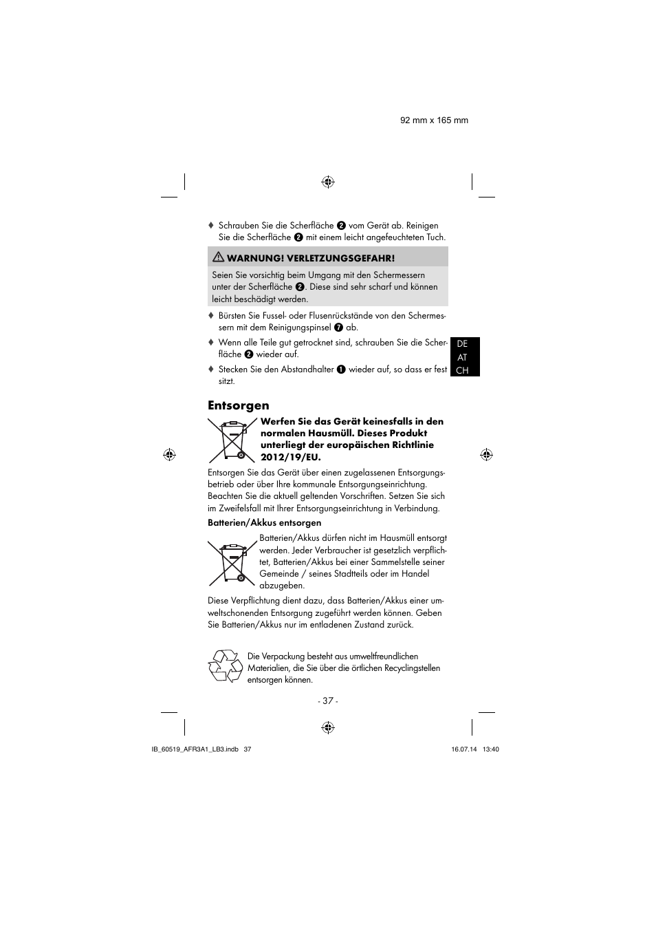 Entsorgen | Aquapur AFR 3 A1 Lint Remover User Manual | Page 40 / 43