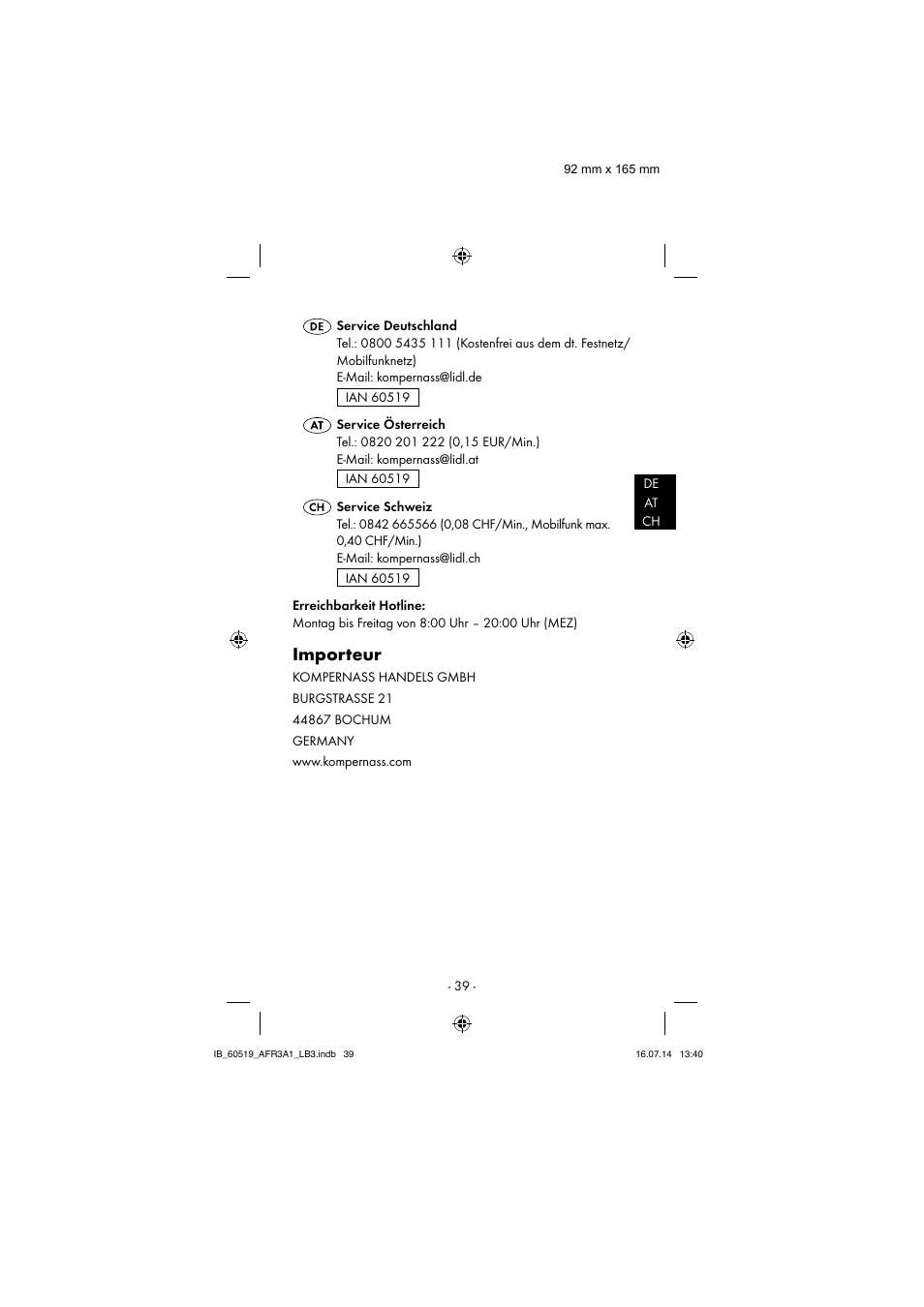 Importeur | Aquapur AFR 3 A1 Lint Remover User Manual | Page 42 / 43