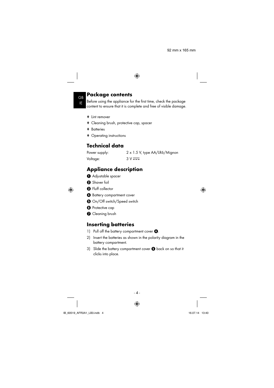 Package contents, Technical data, Appliance description | Inserting batteries | Aquapur AFR 3 A1 Lint Remover User Manual | Page 7 / 43