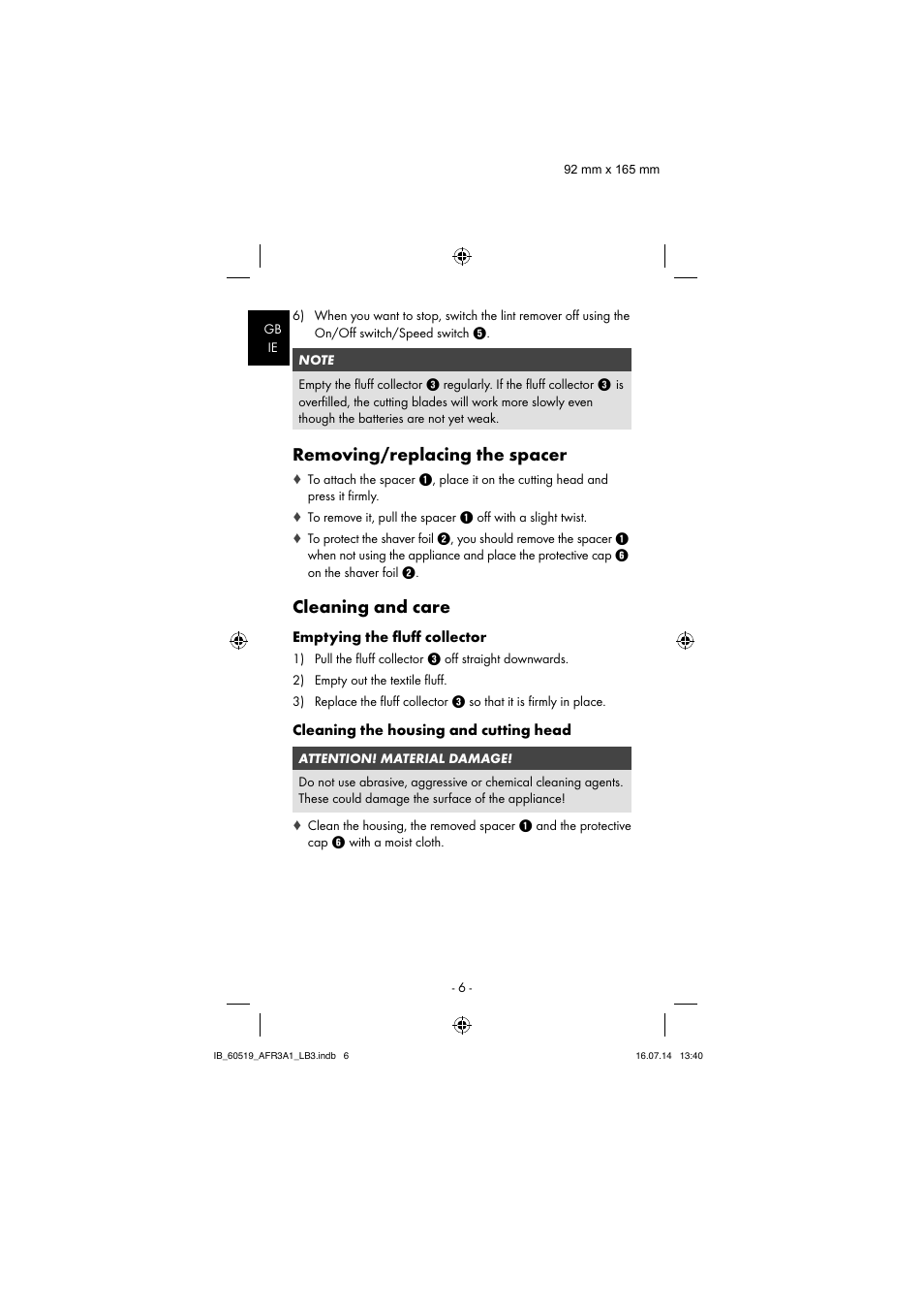 Removing/replacing the spacer, Cleaning and care | Aquapur AFR 3 A1 Lint Remover User Manual | Page 9 / 43