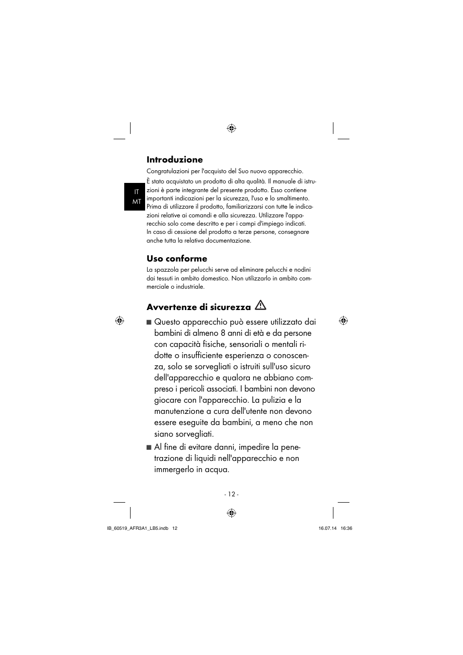 Introduzione, Uso conforme, Avvertenze di sicurezza | Aquapur AFR 3 A1 Lint Remover User Manual | Page 15 / 53