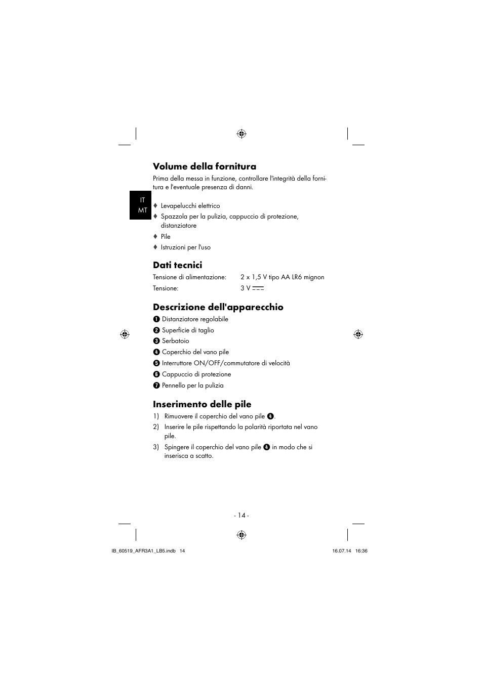 Volume della fornitura, Dati tecnici, Descrizione dell'apparecchio | Inserimento delle pile | Aquapur AFR 3 A1 Lint Remover User Manual | Page 17 / 53