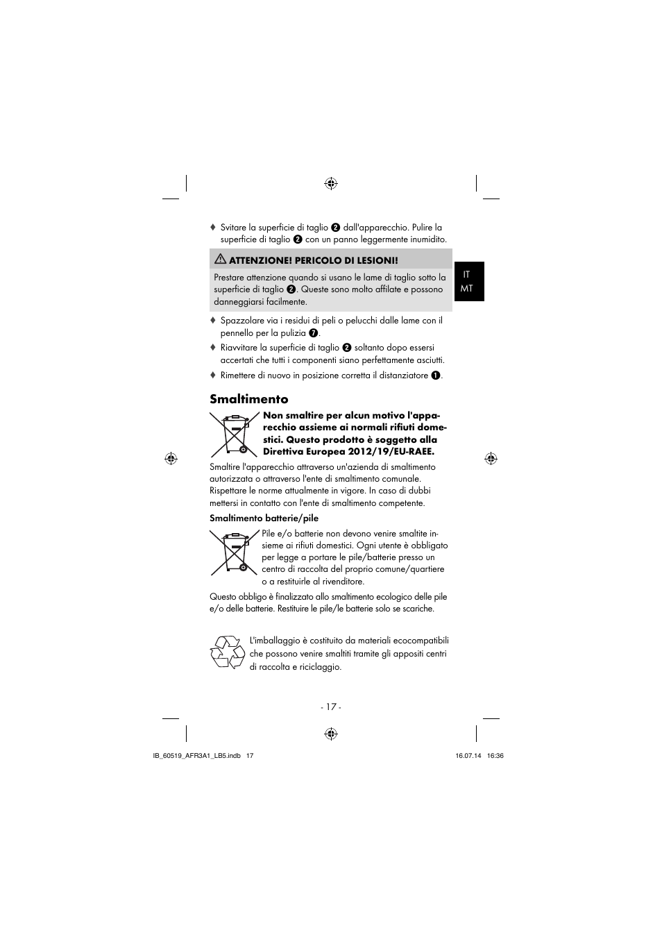 Smaltimento | Aquapur AFR 3 A1 Lint Remover User Manual | Page 20 / 53