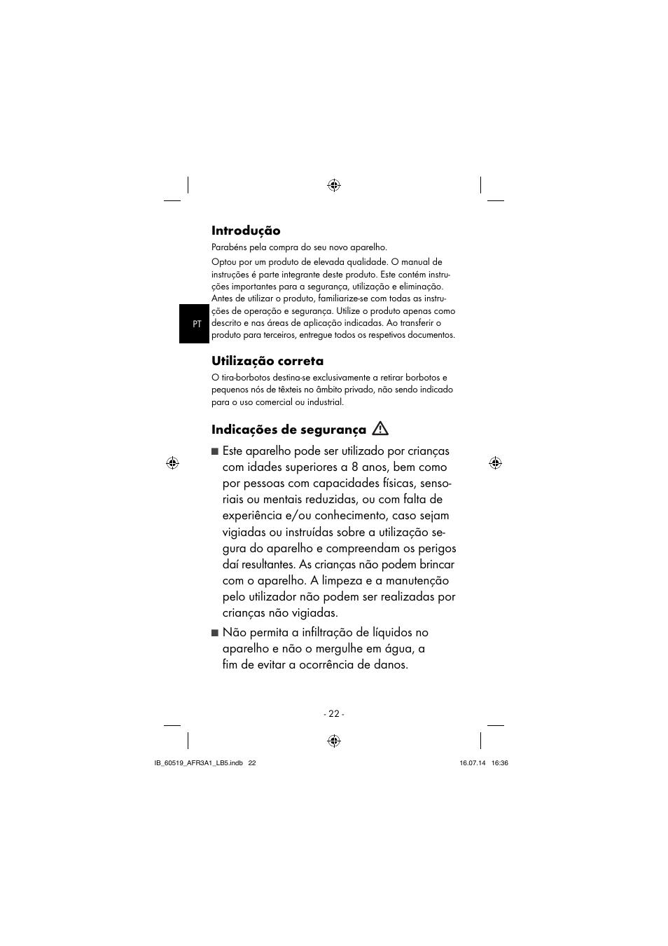 Introdução, Utilização correta, Indicações de segurança | Aquapur AFR 3 A1 Lint Remover User Manual | Page 25 / 53