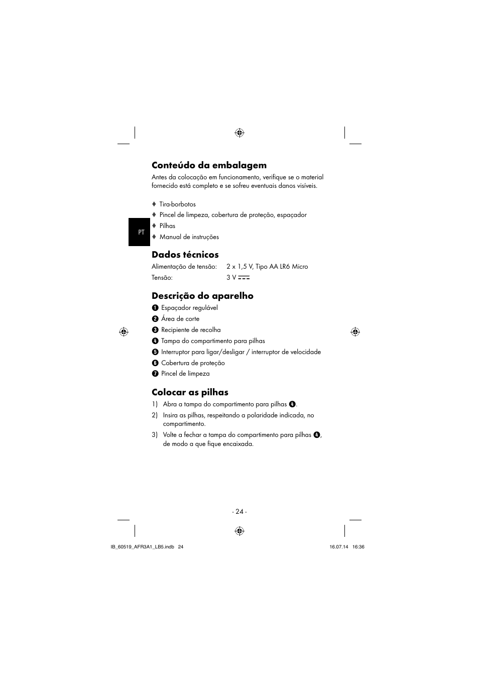 Conteúdo da embalagem, Dados técnicos, Descrição do aparelho | Colocar as pilhas | Aquapur AFR 3 A1 Lint Remover User Manual | Page 27 / 53