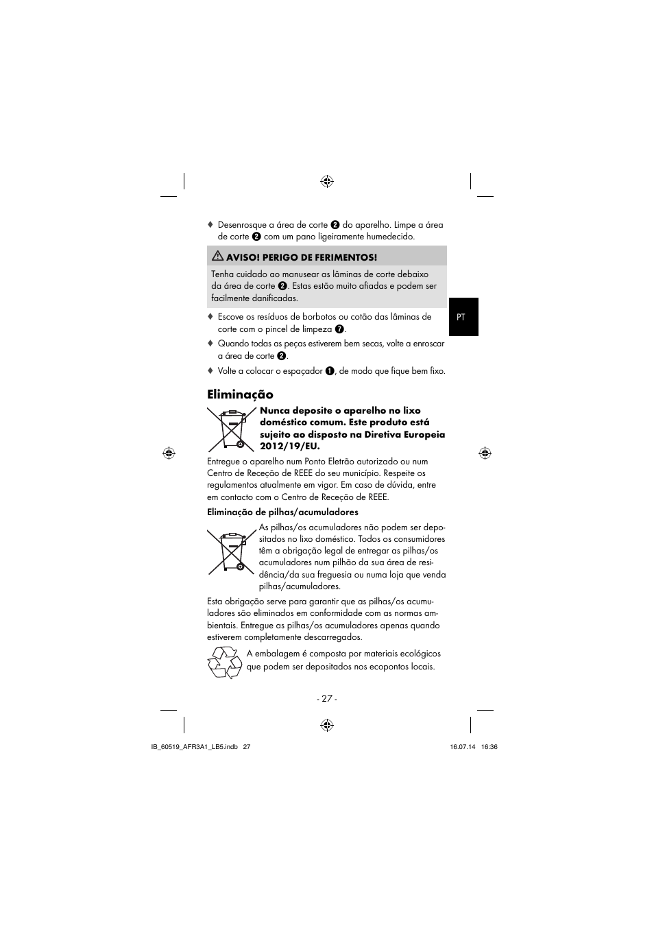 Eliminação | Aquapur AFR 3 A1 Lint Remover User Manual | Page 30 / 53