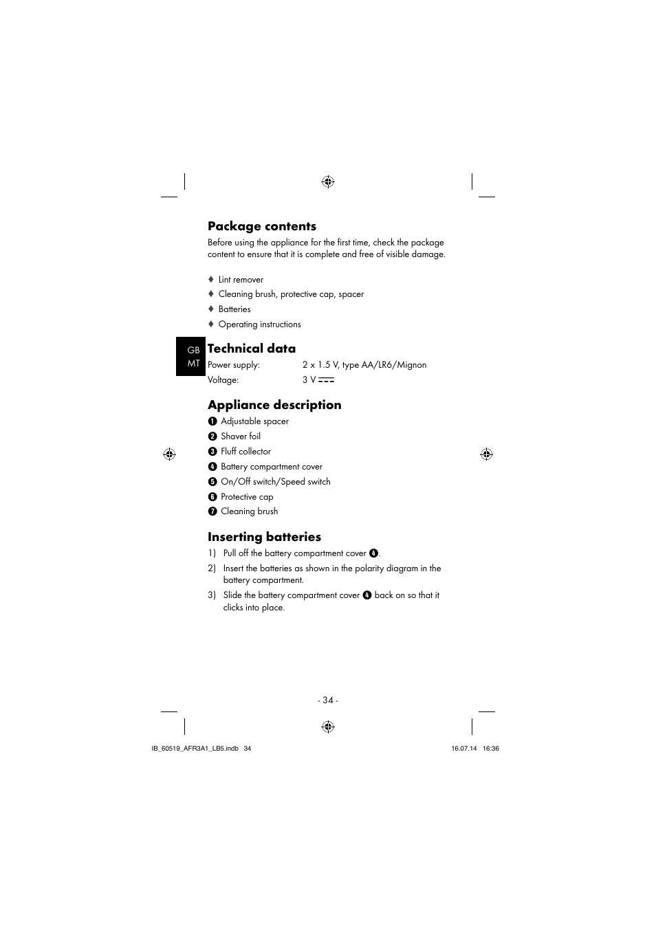Package contents, Technical data, Appliance description | Inserting batteries | Aquapur AFR 3 A1 Lint Remover User Manual | Page 37 / 53