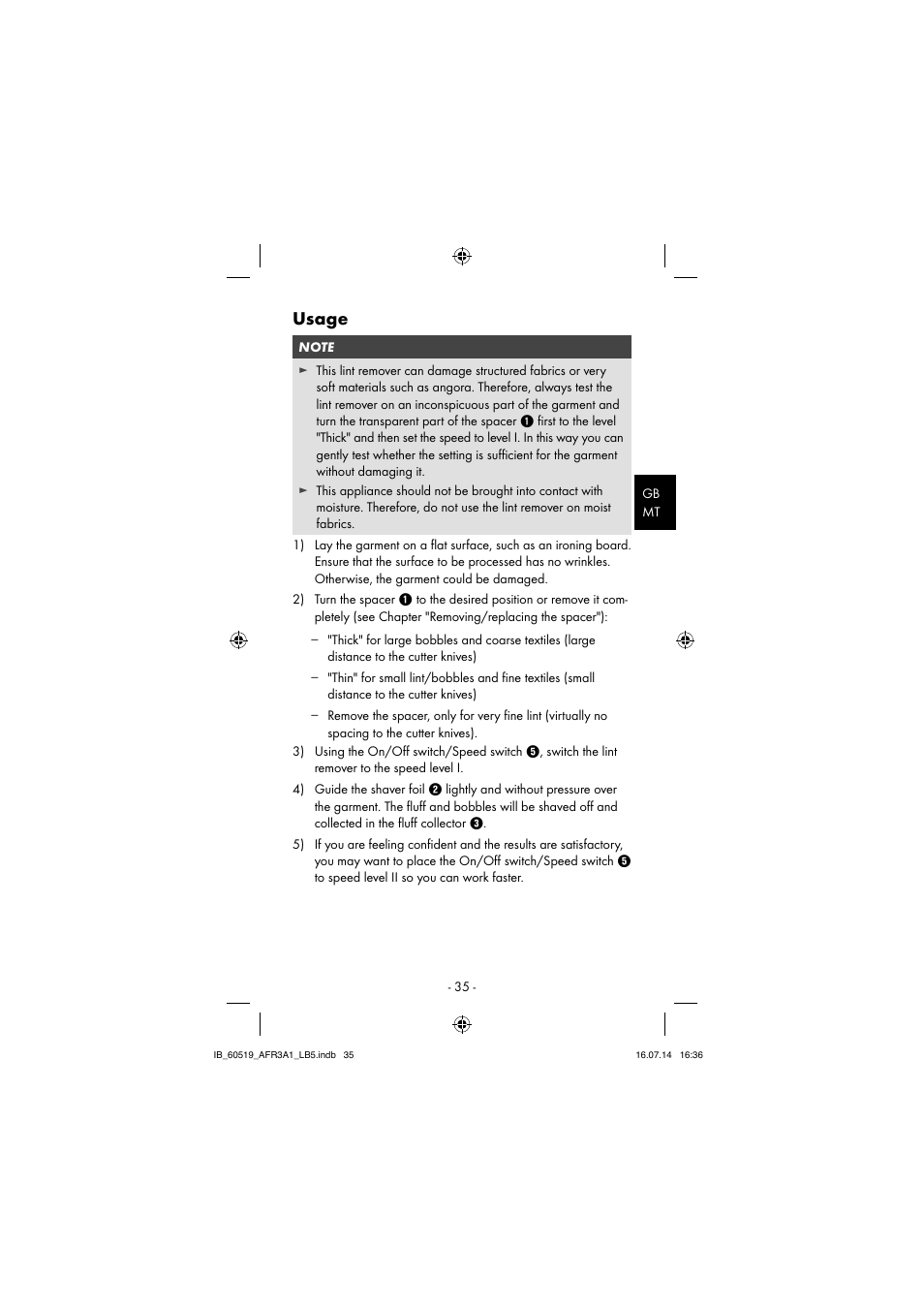 Usage | Aquapur AFR 3 A1 Lint Remover User Manual | Page 38 / 53