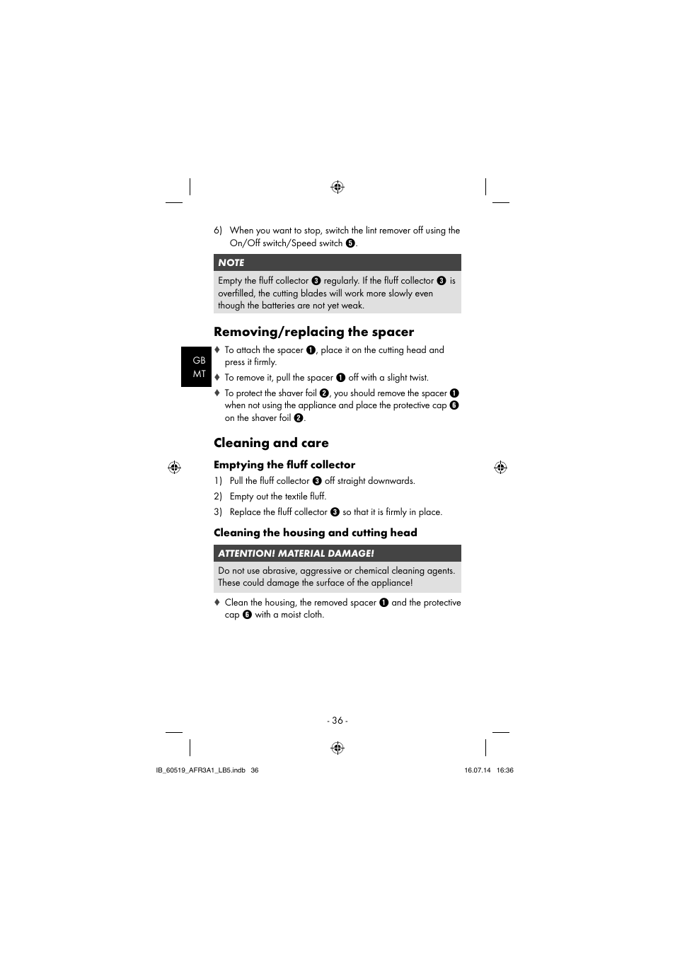 Removing/replacing the spacer, Cleaning and care | Aquapur AFR 3 A1 Lint Remover User Manual | Page 39 / 53