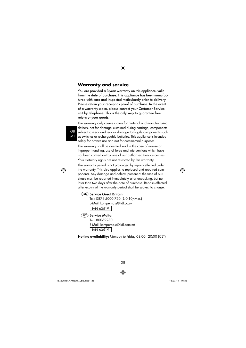 Warranty and service | Aquapur AFR 3 A1 Lint Remover User Manual | Page 41 / 53