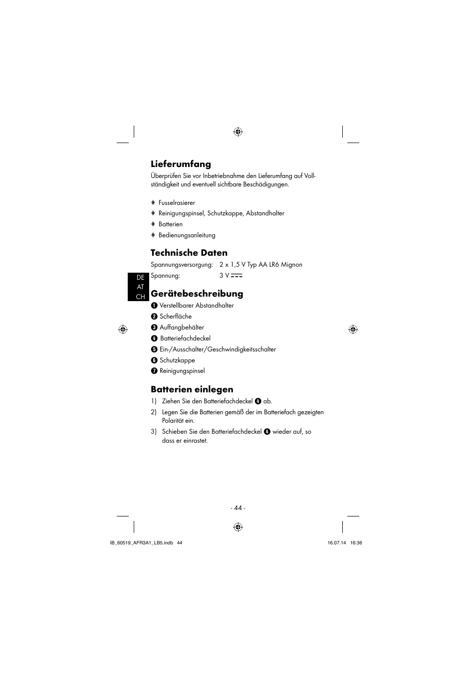 Lieferumfang, Technische daten, Gerätebeschreibung | Batterien einlegen | Aquapur AFR 3 A1 Lint Remover User Manual | Page 47 / 53