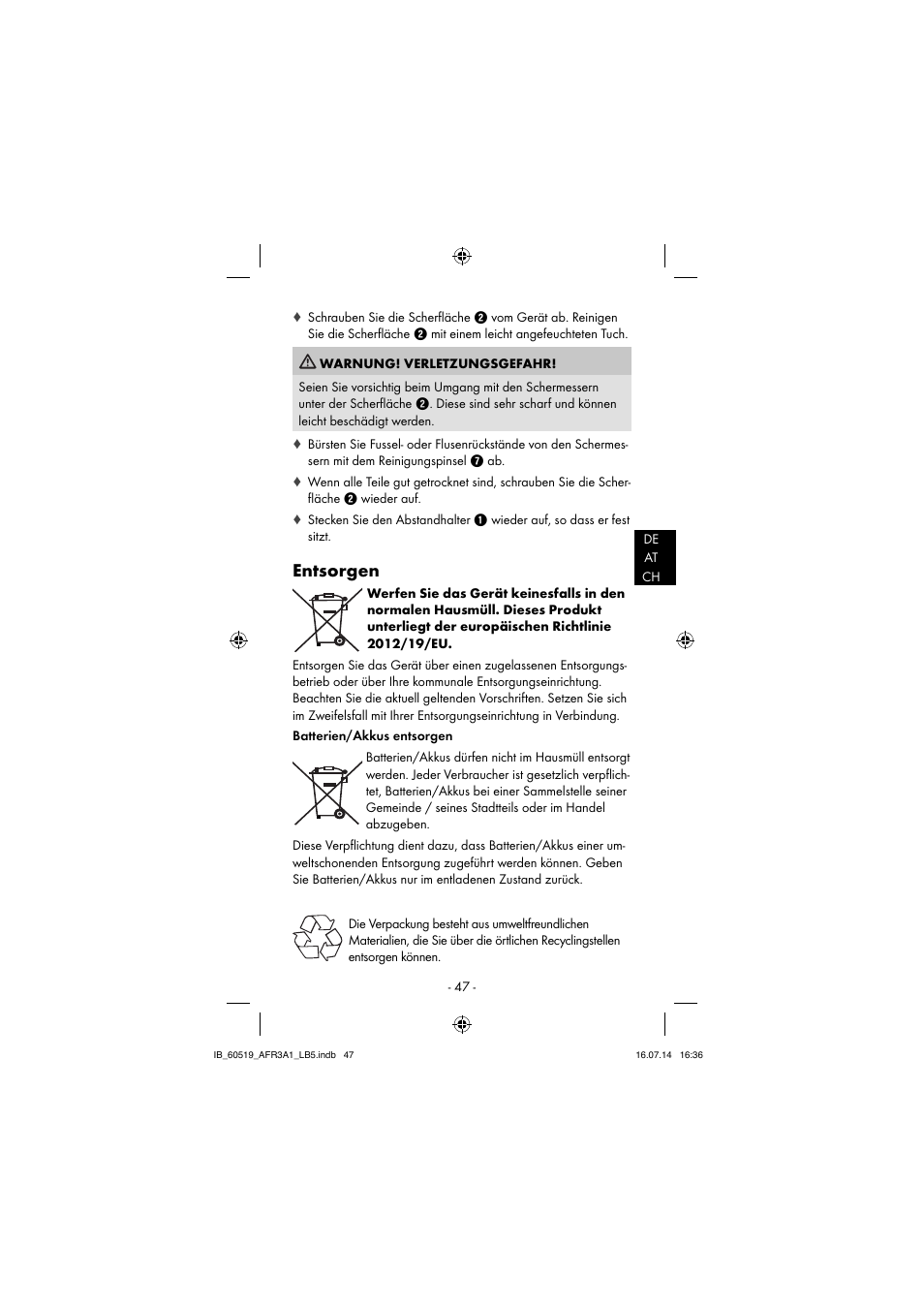 Entsorgen | Aquapur AFR 3 A1 Lint Remover User Manual | Page 50 / 53