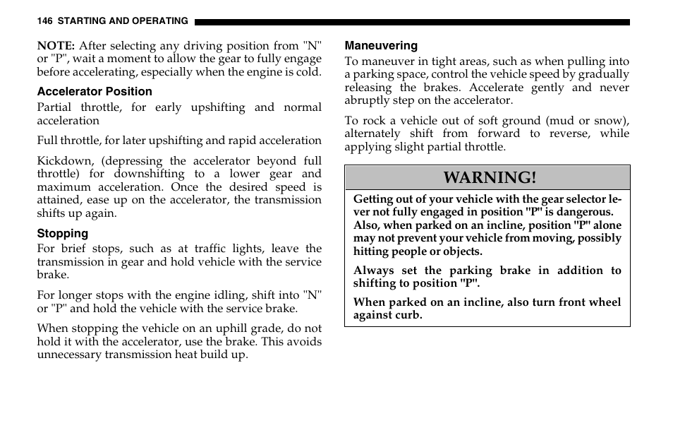 Warning | Dodge 2005 Sprinter Cab & Chassis User Manual | Page 146 / 288