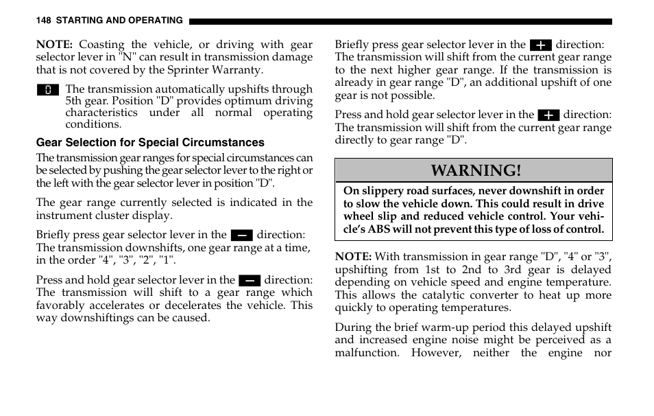 Warning | Dodge 2005 Sprinter Cab & Chassis User Manual | Page 148 / 288