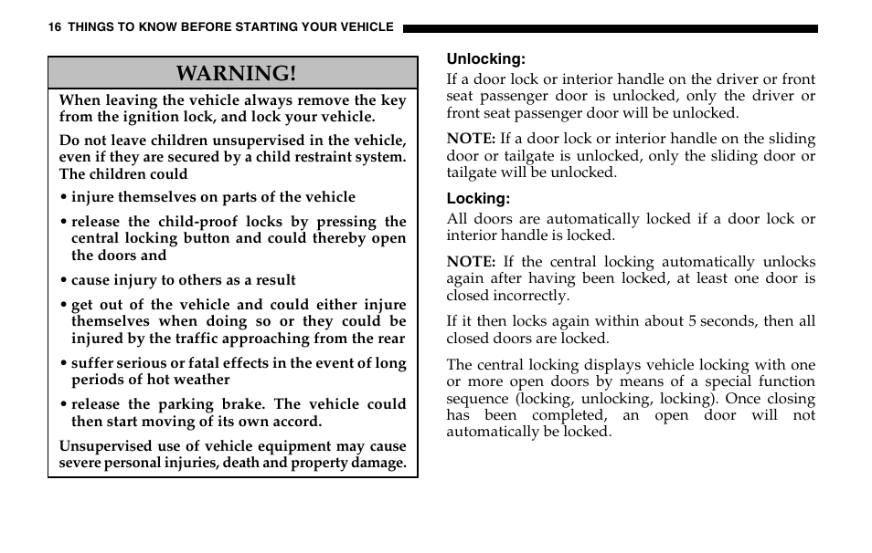 Warning | Dodge 2005 Sprinter Cab & Chassis User Manual | Page 16 / 288