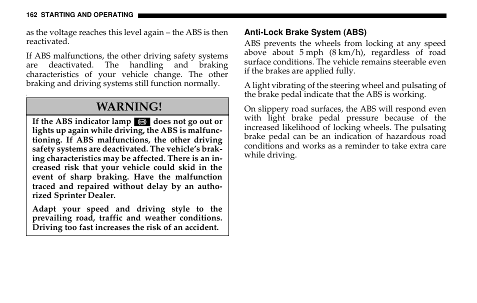 Warning | Dodge 2005 Sprinter Cab & Chassis User Manual | Page 162 / 288