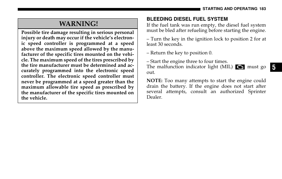 Warning | Dodge 2005 Sprinter Cab & Chassis User Manual | Page 183 / 288
