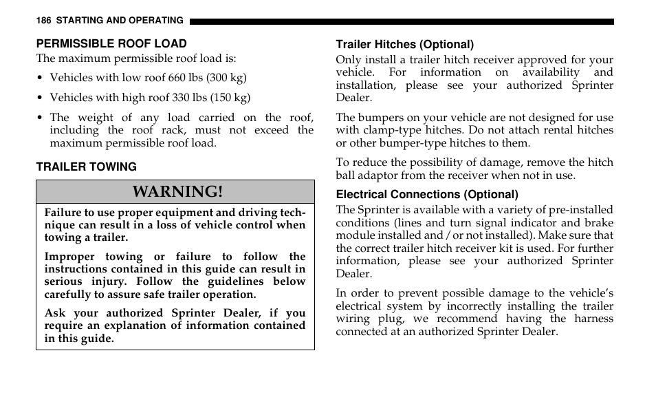 Warning | Dodge 2005 Sprinter Cab & Chassis User Manual | Page 186 / 288