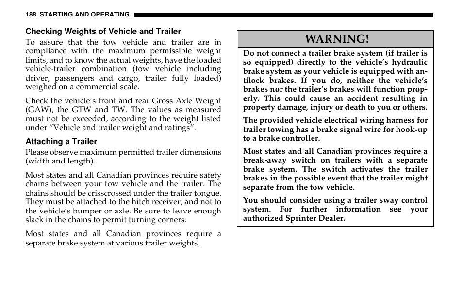 Warning | Dodge 2005 Sprinter Cab & Chassis User Manual | Page 188 / 288