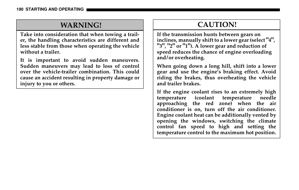 Warning, Caution | Dodge 2005 Sprinter Cab & Chassis User Manual | Page 190 / 288