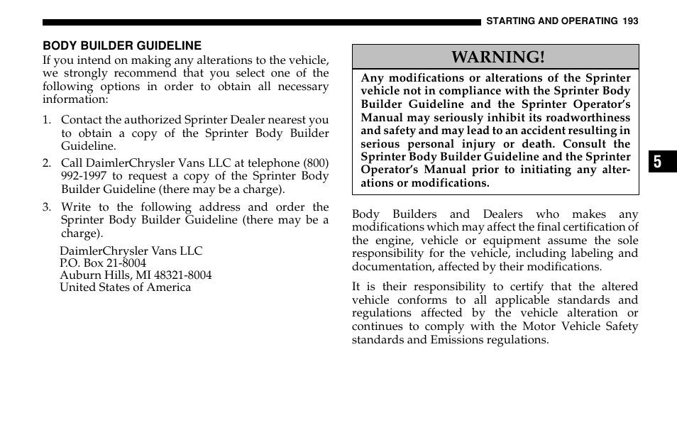 Warning | Dodge 2005 Sprinter Cab & Chassis User Manual | Page 193 / 288